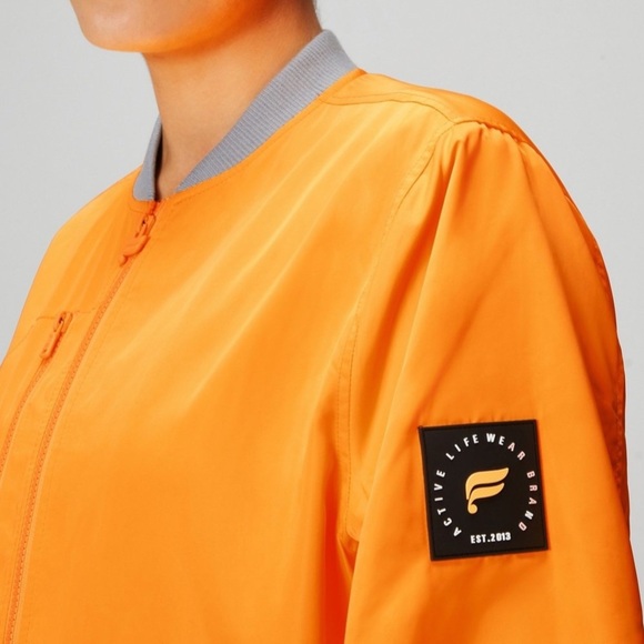 Fabletics Desert Sun Yellow Raincloud Grey Satin Bomber Jacket Size Large - Picture 2 of 16